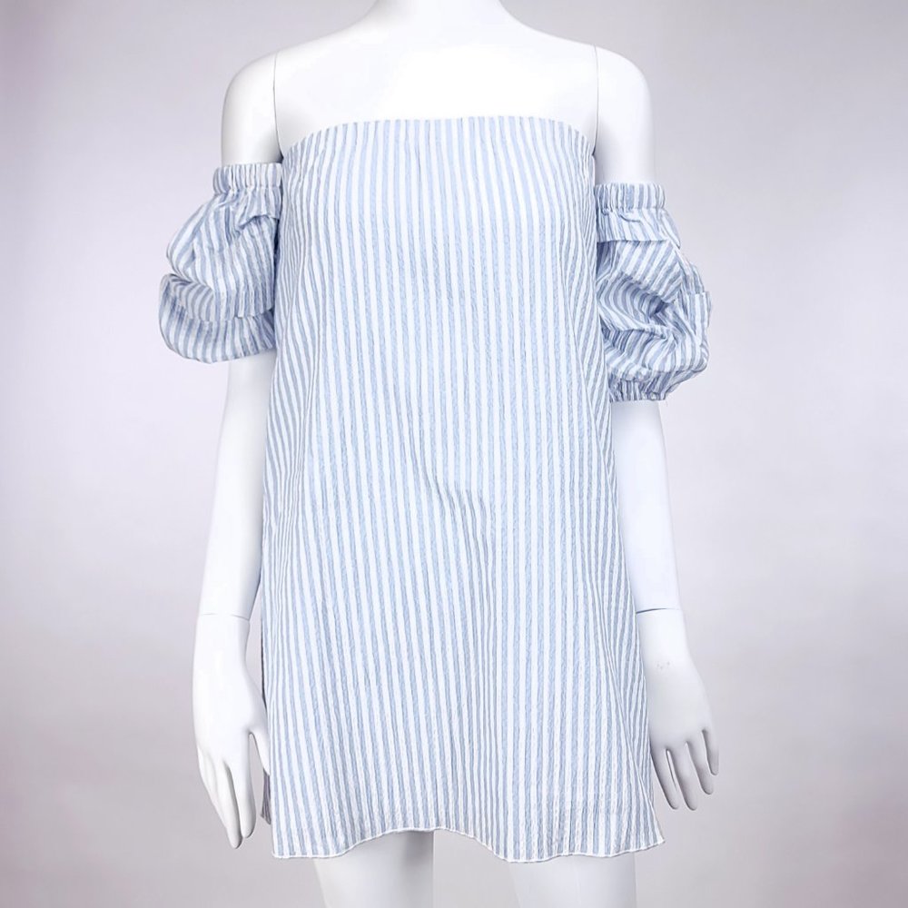 Rampage Womens Chambray Blue White Striped Off Shoulder Puff Sleeve Dress Small